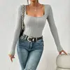 2026 Moda de otoño para mujer transfronteriza europea y americana Amazon nuevo elegante ajustado liso cuello cuadrado manga larga camiseta