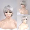Peluca de Mujer Estilo Europeo y Americano con Flequillo, Cabello Corto Rizado, Peluca de Fibra de Alta Temperatura Gris Abuela de Fábrica