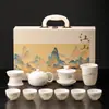Juego de té de porcelana blanca con paisaje de tinta, tetera Kung Fu de jade blanco como grasa de cordero, gaiwan y taza de justicia, juego completo, caja de regalo de negocios de alta gama