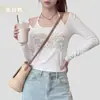 Top de Manga Larga Estampado Falso Dos Piezas con Cuello Halter en U para Primavera/Verano S449 con Diseño de Estampado Retro, Cintura Ajustada, Efecto Adelgazante, Estilo Moderno