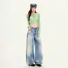 Calça jeans feminina larga, estilo americano, lavada, desgastada e com franjas, azul retrô, comprimento total, azul retrô, extra longa, 2026