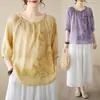 Camisa bordada de estilo chino, artística y elegante, con un diseño retro, de corte holgado, tejido fino y manga corta, perfecta para el verano y para crear un efecto adelgazante.