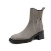 Botas curtas de outono e inverno cinza com elástico, botas Chelsea estilo Chelsea com bico quadrado e salto grosso, botas femininas fashion estilo britânico com tachas