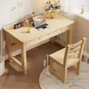 Mesa de madeira maciça para uso doméstico, mesa de computador em cor de madeira natural com gavetas duplas, mesa de escrita simples para estudantes para quarto, estudo, escritório e aprendizado