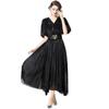Moda Europeia e Americana 2024 Vestido Slim Slim de Comprimento Médio Plissado com Mangas Bufantes de Amarrar Estilo Coreano Saia Longa
