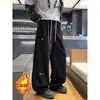 Calça Casual Masculina de Veludo Cotelê Wide-Leg com Forro de Lã Caimento Solto Reto Calça Longa Estilo Outono e Inverno Tendência Versátil