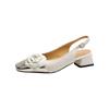 Flor Elegante ~ Camélia Couro de Ovelha Integral 2024 Verão Salto Médio Grosso Bico Quadrado Cor de Couro Combinando Biqueira Aberta Sandálias Femininas