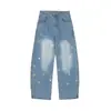 Jeans de Mujer Otoño con Dobladillo Curvo y Diseño de Bordado de Estrellas Pantalones Sueltos Azul Retro Nuevos Pantalones de Pierna Ancha Hacen que las Piernas Parezcan Más Largas