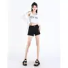 150 Shorts Jeans Pretos Skinny Feminino Cintura Alta Reta Slim-fit Quadril Hot Pants xs Alta Combinação para o Verão