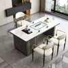 Conjunto de mesa de centro e cadeiras em pedra sinterizada de luxo leve, adequado para escritório, varanda ou uso doméstico; mesa de chá pequena moderna com chaleira de água integrada e estação de chá em pedra