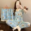 Yunduo Algodón Nuevo Lindo Pijama para Mujer 2026 Verano Delgado Manga Corta Conjunto de Tres Piezas Dibujos Animados Pony Ropa de Casa Disparo Real