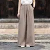 Novas calças de algodão e linho estilo chinês de perna larga para mulheres, com design casual solto inspirado no Zen, caimento relaxado, caimento fluido e corte reto.