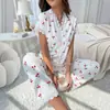 Pijama Feminino Europeu e Americano Transfronteiriço Outono e Inverno Sexy Decote V Renda Estampa de Cereja Camiseta Calça Justa Roupa de Casa