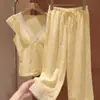 Popular conjunto de ropa para el hogar para mujer con encaje de algodón nube y almohadillas en el pecho, manga corta y pantalón largo, estilo femenino