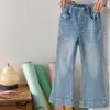 Em Estoque Calças para Meninas Espessadas Totalmente com Strass Brancas Jateadas Desfiadas Boca de Sino Jeans Outono 2026 Calças para Meninas Pequenas