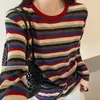 Suéter de punto de manga larga a rayas con bloques de color y cuello redondo estilo coreano para mujer, nueva colección de principios de otoño, corte holgado, adelgazante, versátil, top de suéter ligero