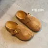 Sapatos Femininos Adultos 2025 Outono Novo Estilo Chinelos Femininos de Couro Genuíno Fosco Moda Bico Aberto Falso Chinelos Preguiçosos Birkenstock
