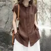 Linda camisa de algodão e linho de comprimento médio com mangas curtas para mulheres, nova coleção de verão 2026, top estiloso de algodão e linho que rejuvenesce.