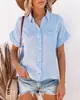 Verão 2021 feminino explosão eBay Amazon algodão e linho camisa manga curta feminina gola lapela botão camisa 88627