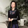 Primavera e Outono Novo Estilo Étnico Roupas Femininas Retrô Chinês Bordado Manga Longa Gola Redonda Camiseta Top Feminino Camisa Base Algodão