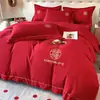 Conjunto Festivo de Quatro Peças de Algodão Lavado para Casamento Estilo Chinês Lençol Grande Vermelho Bordado de Alta Qualidade Capa de Edredom Roupa de Cama para Quarto de Casamento