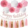Traje de Banderín de Cumpleaños Color Oro Rosa Transfronterizo Paquete de Decoración para Fiesta de Cumpleaños Rosa Flor de Papel Bolas Banderín de Letras Flor