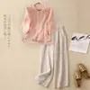 Novo conjunto feminino de verão estilo chinês 2025, conjunto de duas peças moderno de algodão e linho para mães