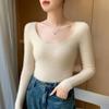Nuevo Suéter de Cachemir Rayado con Cuello en U Grande para Otoño e Invierno para Mujer, Corte Ajustado, Suéter de Punto Interior de Color Sólido, Suave y Acogedor