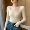 Suéter premium de cashmere puro sem costura para mulheres, gola U, canelado, corte justo, gola redonda baixa, camada base tricotada