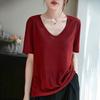 2025 Novo Verão Tencel Lyocell Decote V Tricô Camiseta de Manga Curta Feminina Cor Pura Pulôver Fino Camiseta Básica