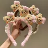 Diadema de Cabeza de Oso de Mantequilla de Dibujos Animados con Lazo de Encaje para Lavado Facial Diadema Suave Lindo Orejas de Oso Accesorio de Pelo de Felpa para Niñas