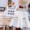 Traje de dos piezas para niña, primavera y verano, nuevo estilo, elegante traje Mori para niña, chaleco bordado, falda superior