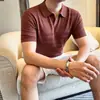 Camisa polo de verano de lino Tencel para hombre, estilo old money de lujo ligero, cuello de gaviota, camiseta de rayas frescas y agradable para la piel de manga corta para hombre