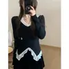 Otoño e Invierno Nuevo Estilo Francés Elegante Puro Deseo Sexy Retro Ribete de Encaje Ajustado Camiseta Base de Punto