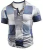 Camiseta retro de botão com meia-malha transpassada transfronteiriça, top pullover Henley casual de manga curta com estampa 3D slim fit para homens
