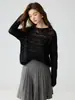 Suéter Jacquard Cashmere Vazado da Moda para Mulheres, Tricô Pulôver de Manga Longa com Gola Redonda, Caimento Solto com Ombros Caídos
