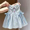 Vestido de Verano para Niña, Elegante Vestido para Bebé, Marca de Moda Única Infantil Vestido de Princesa a Rayas con Bloques de Color y Lazo en el Cuello de Muñeca