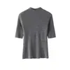 Suéter 100% lã ultrafina com 48 contagens Padrão espinha de peixe Decote de um ombro Emagrecedor Sem costura Gola semi-alta Mangas de comprimento médio Blusa de tricô para mulheres