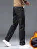 Jeans Clássico de Luxo Leve Forrado com Lã Masculino Outono e Inverno Elástico Business Casual para Meia-idade Quente Espesso Calças de Perna Reta