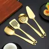 Conjunto de Utensílios de Cozinha em Aço Inoxidável Dourado para Uso Doméstico: Colher de Servir Hot Pot, Colher de Sopa, Colher de Buffet, Colher Escorredora, Colher de Óleo, Espátula de Bolo