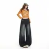 Jeans Americano High Street Lavado Feminino Cintura Alta Emagrecedor Cool Calça Wide Leg Azul-Cinza Calça Longa Azul-Cinza Extra Longa Yi Chun