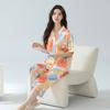 Pijama de Algodón para Mujer Verano Manga Corta Pantalón Recortado Cárdigan Cuello Kimono Ropa para el Hogar Casual Conjunto de Estudiante para Mujer