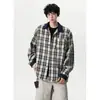 Camisa casual masculina de manga comprida com design retrô moderno de rufião, versátil, americana, falsa de duas peças, xadrez de primavera