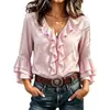 Camisa feminina de lapela única, estilo doce para comércio exterior, listrada, decote V, carcela com babados, camada dupla de babados, mangas 3/4 tipo sino