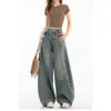 Jeans americano retrô com bainha curva desfiada para mulheres, estilo transfronteiriço, para primavera/verão, caimento solto, pantalona ampla e fluida, estilo europeu e americano, leve