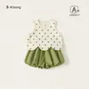 Traje de Verano Estilo Coreano Bangcuan para Bebé Niña Chaleco sin Mangas de Lunares Pantalones con Brotes de Flor Conjunto de Dos Piezas para Niñas Ropa Infantil