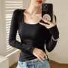 Camiseta Cuadrada de Algodón de Canalé Fino de Alta Elasticidad para Mujer, Manga Larga, Nuevo Estilo Otoño/Invierno 2026, Ropa Exterior, Hombro Normal, Ajuste Delgado Camiseta Base Superior