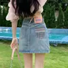 Mini Falda de Mezclilla Vintage Azul Bordada con Bloques de Color en Bolsillo Trasero para Mujer, Verano Delgada de Cintura Alta Anti-Exposición Falda de Línea A Bodycon