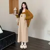 XMF Caramel Melody Cardigan de Tricô Outono Novo + Vestido Listrado Conjunto de Duas Peças para Maternidade Saia Evasê