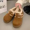 En stock~Botas de nieve tipo slip-on de cuero genuino y lana para mujer, suela gruesa, antideslizantes, forradas de felpa, engrosadas, zapatos de algodón cálidos, zapatos Birkenstock